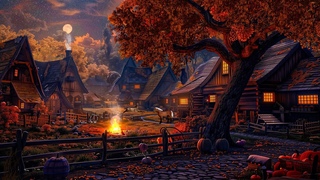 Cozy Autumn Fantasy Village Ambience with Cobblestone Streets & Relaxing Campfire, Crickets Sound